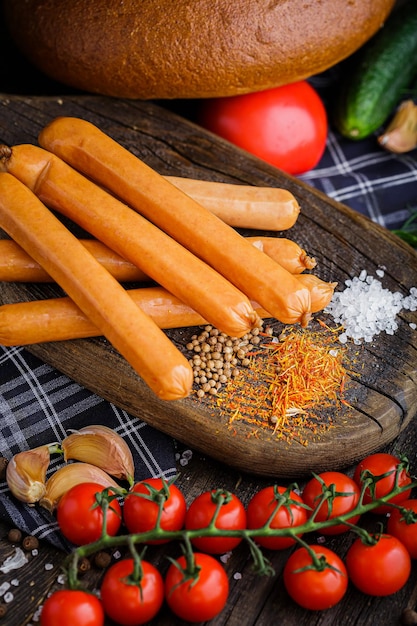 salsicce crude fresche sul tagliere della cucina con verdure ed erbe aromatiche, panno di straccio, tavola di legno