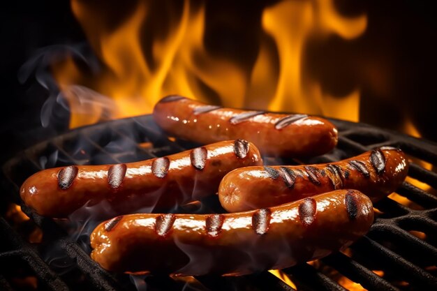 Salsicce di carne piccanti e piccanti grigliate sul fuoco cibo barbecue e grill generativo ai