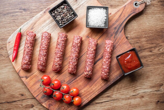 Salsicce di lula kebab di carne cruda fatte in casa su un tagliere. fondo in legno.