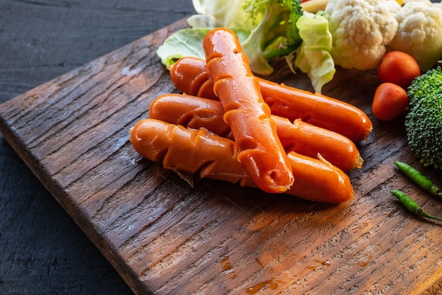 Salsicce e verdure su un tagliere di legno