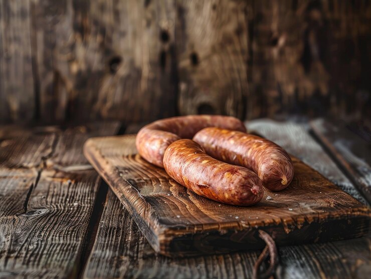 Salsicce fresche e crude poggiate su vecchie tavole di legno che aspettano di essere cotte alla perfezione.