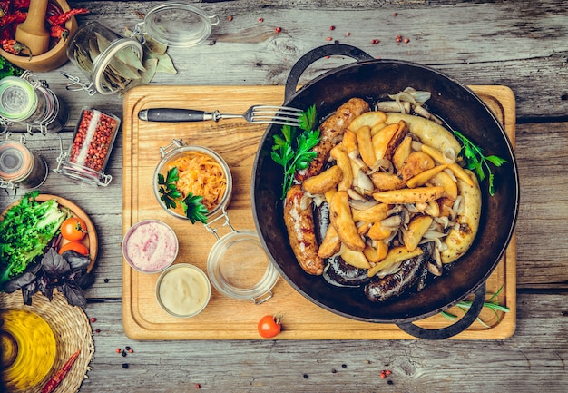 Salsicce fritte con patate al forno, in padella.