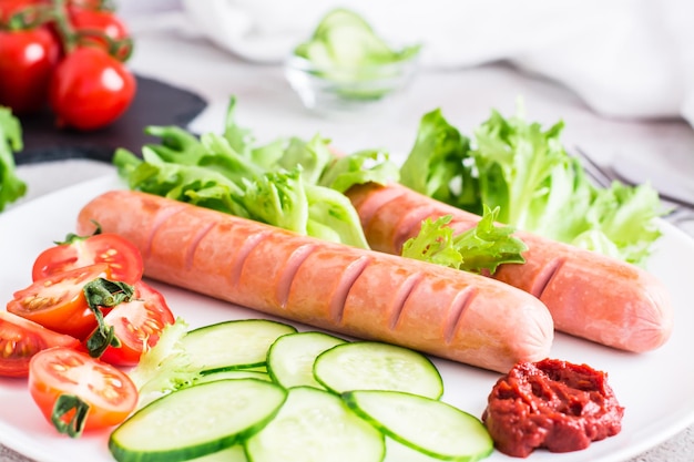 Salsicce fritte pronte e verdure fresche su un piatto Spuntino casalingo abbondante Primo piano