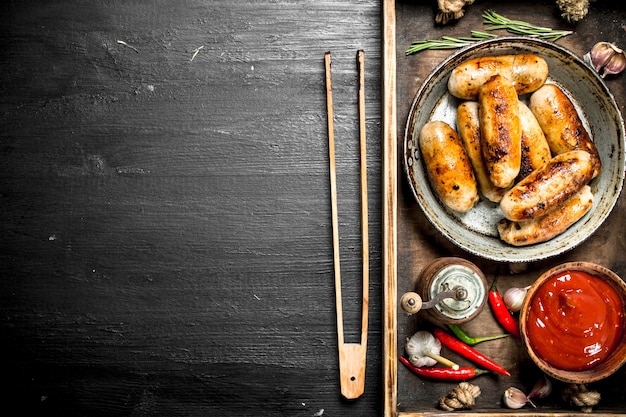 Salsicce in padella con salsa su un vassoio di legno sulla lavagna nera