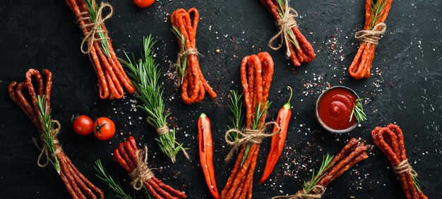 Salsicce secche con peperoncino su fondo di pietra nera. Peperoni del Cile, Kabanosy. Vista dall'alto. Spazio libero per il tuo testo.