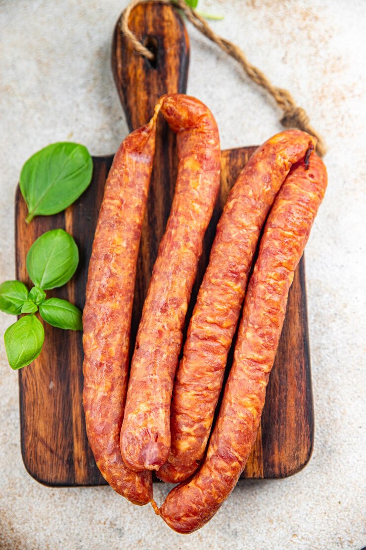 Foto salsiccia affumicata carne manzo fresco antipasto pasto spuntino sul tavolo copia spazio cibo sfondo