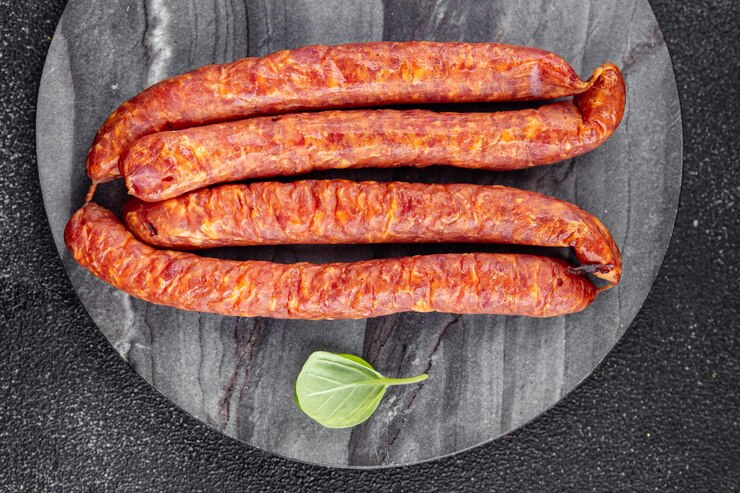 Foto salsiccia affumicata carne manzo fresco antipasto pasto spuntino sul tavolo copia spazio cibo sfondo