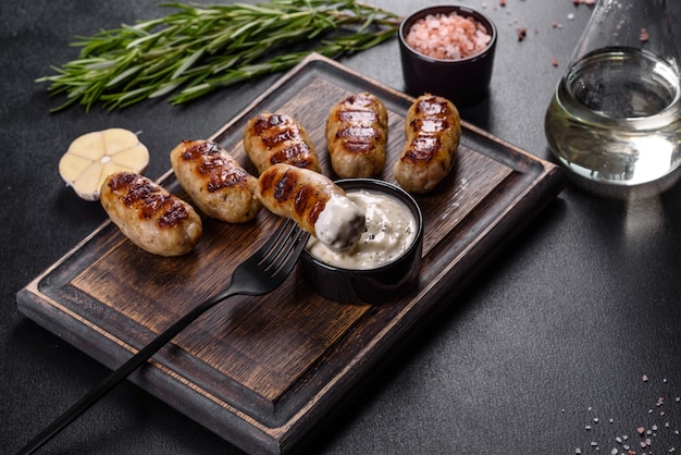 Salsiccia alla griglia con aggiunta di erbe e verdure su fondo scuro