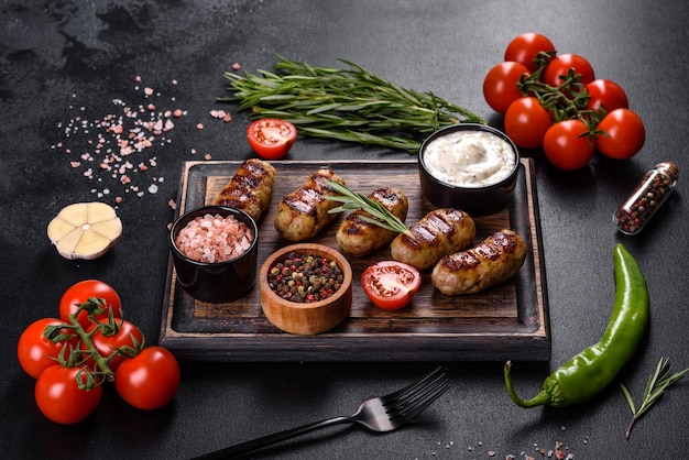 Salsiccia alla griglia con aggiunta di erbe e verdure su fondo scuro