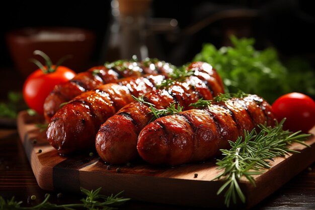 salsiccia barbecue sul fondo della griglia del tavolo in legno