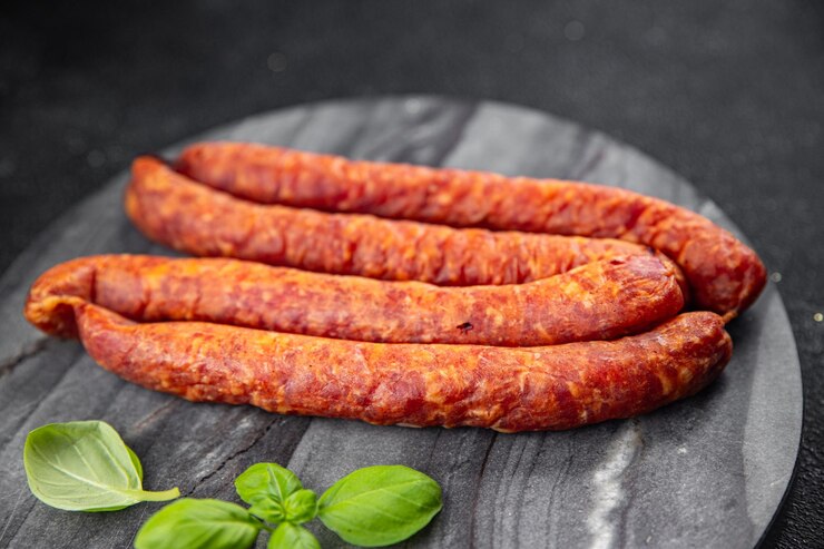Foto salsiccia carne di maiale manzo agnello o pollo antipasto fresco pasto spuntino sul tavolo copia spazio