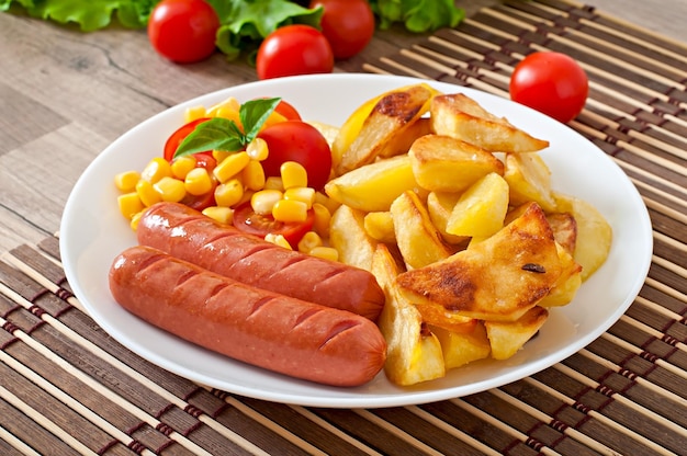 Salsiccia con patate fritte e verdure su un piatto