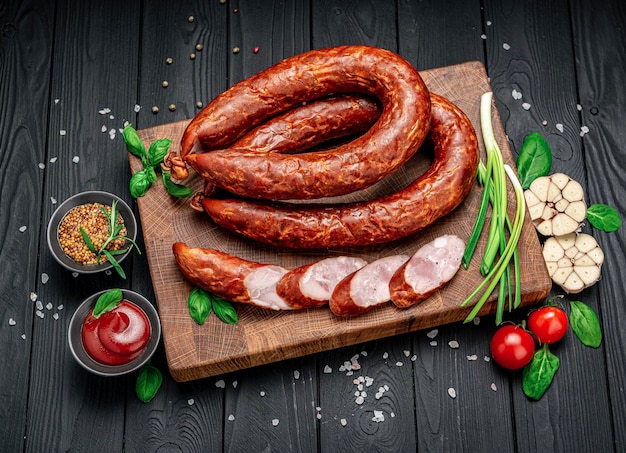 Salsiccia di maiale affumicata appetitosa su sfondo scuro