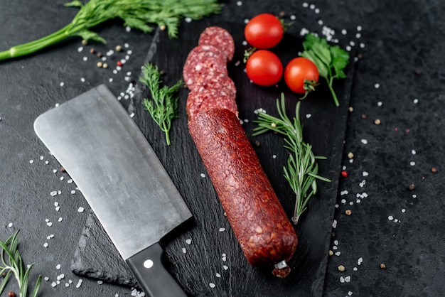 Salsiccia di salame secco con rosmarino fresco e spezie su pietra