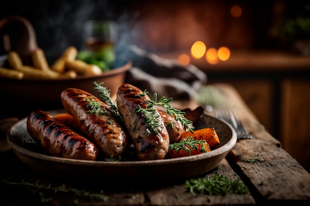 Salsiccia fatta in casa alla griglia con erbe su tavola in legno rustico AI generato