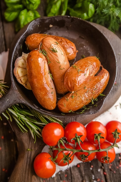 salsiccia fritta, con ketchup, su una forchetta, una padella su un tavolo rustico in legno o sfondo