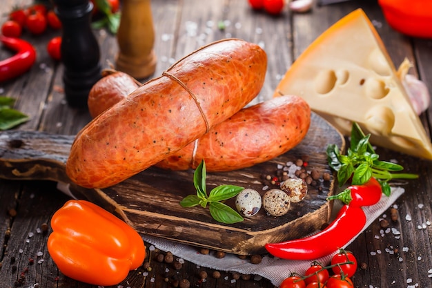 salsiccia spessa con pezzi di pancetta, interi e pezzi, formaggio e spezie, uova su un tagliere