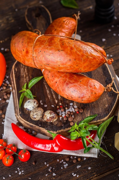 salsiccia spessa con pezzi di pancetta, interi e pezzi, formaggio e spezie, uova su un tagliere