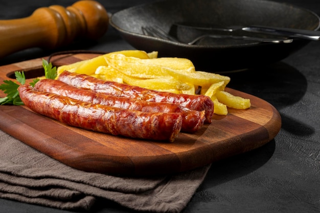 Salsiccia tedesca alla griglia con patatine fritte.