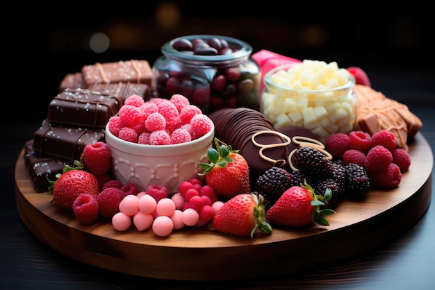 Salumi di San Valentino Dolci, caramelle e frutti di bosco su una tavola di legno