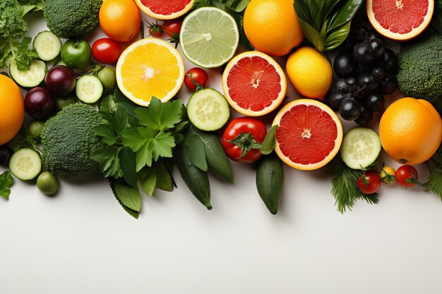 Salumi, verdure, frutta e cibi sullo sfondo luminoso vista dall'alto AI generativa