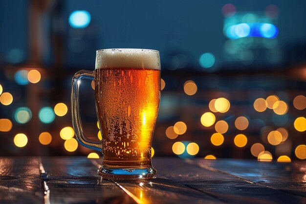 Saluti alla birra di città su legno con luci vibranti