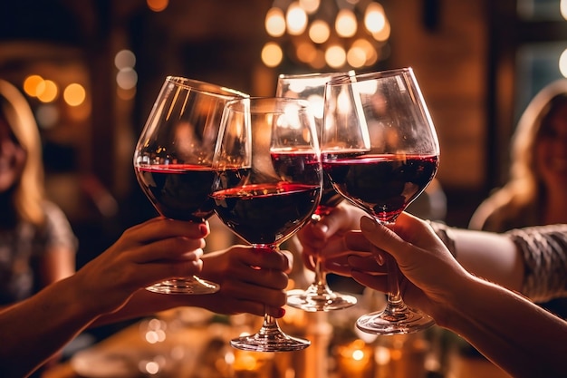 Saluti alle mani dell'amicizia che tostano bicchieri di vino rosso in Sunny Celebration AI