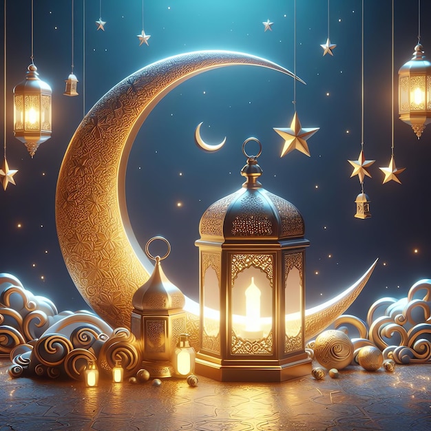 Saluti del Ramadan 3D con lanterna e mezzaluna Festa islamica Eid al Adha 3D rendering