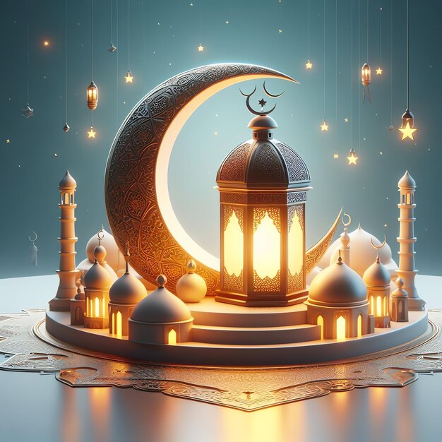 Saluti del Ramadan 3D con lanterna e mezzaluna Festa islamica Eid al Adha 3D rendering