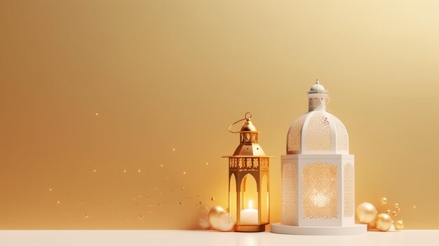 Saluti di Eid mubarak e ramadan kareem con lanterna islamica e sfondo della moschea Eid al fitr