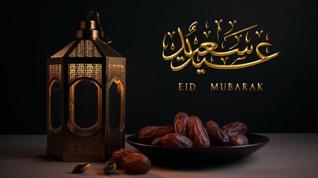 Saluti islamici Eid Mubarak o Happy Eid card design con bella lanterna d'oro e frutta di datteri