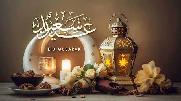 Saluti islamici Eid Mubarak o Happy Eid card design con lanterna d'oro candele fiori e date
