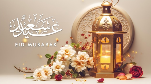 Saluti islamici Eid Mubarak o Happy Eid card design con lanterna d'oro candele fiori e date