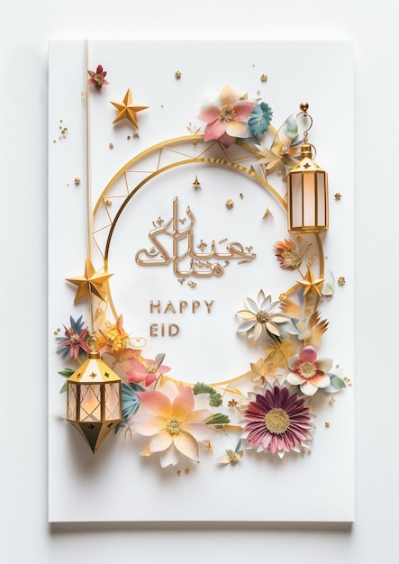 Saluti islamici Eid Mubarak o Happy Eid card design con lanterna d'oro candele fiori e date