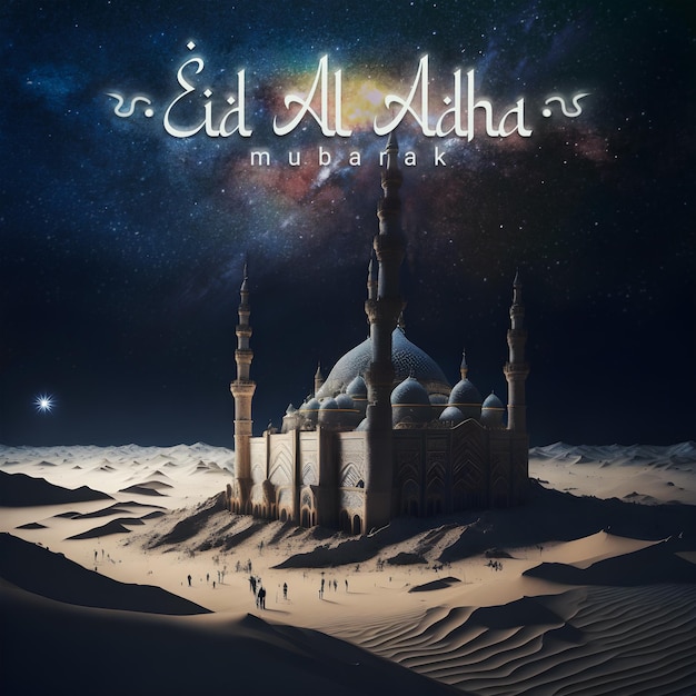 Saluti islamici Illustrazione di Eid Al Adha con una grande moschea al bel cielo notturno