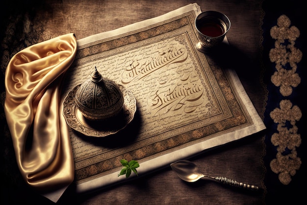Saluti per il nuovo anno in arabo e il Corano ricamato su una tovaglia