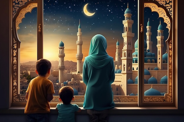 Saluto al Ramadan Kareem Famiglia alla finestra che guarda la città islamica con l'orizzonte della moschea