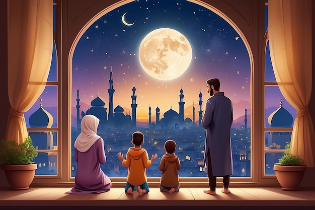 Saluto al Ramadan Kareem Famiglia alla finestra che guarda la città islamica con l'orizzonte della moschea