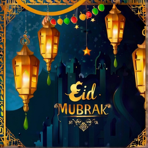 Saluto alla festa di Eid Mubarak con lampade e luna Sfondio del testo di saluto di Eid mubarak