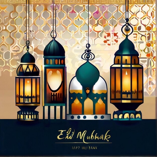 Saluto alla festa di Eid Mubarak con lampade e luna Sfondio del testo di saluto di Eid mubarak