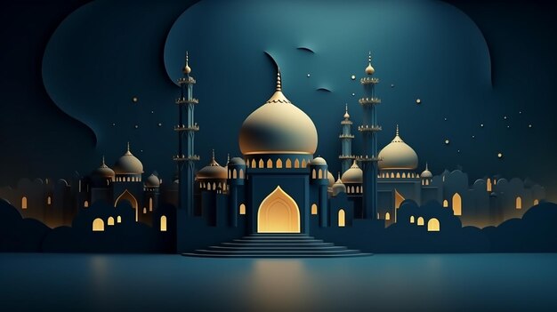 saluto di Eid Mubarak con sfondo elemento elegante moschea su sfondo scuro
