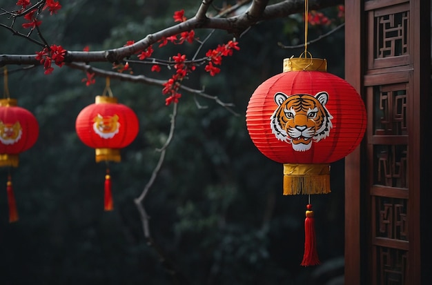 Saluto tradizionale del Capodanno cinese del 2024 con lanterna e faccia di tigre