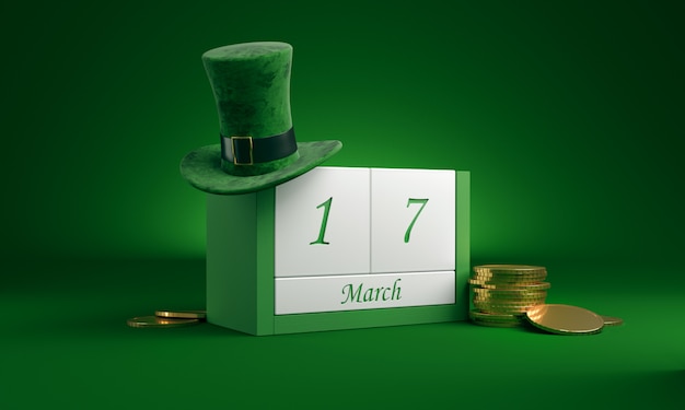 Salva il calendario bianco a blocchi di data per il giorno di San Patrizio, il 17 marzo, con cappello Leprechaun e pentola d'oro, su verde.