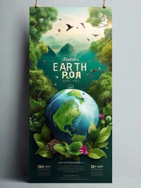 Salva il poster della Terra o la carta o l'invito sul modello di design del banner per la Giornata Internazionale della Terra con la mano che tiene il pianeta Terra su uno sfondo floreale verde Illustrazione vettoriale