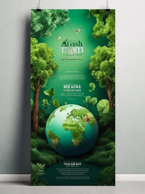 Salva il poster della Terra o la carta o l'invito sul modello di design del banner per la Giornata Internazionale della Terra con la mano che tiene il pianeta Terra su uno sfondo floreale verde Illustrazione vettoriale