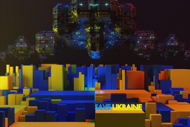 Salva la città dell'Ucraina con i colori della bandiera dell'Ucraina e il rendering 3D dello sfondo dell'astronave