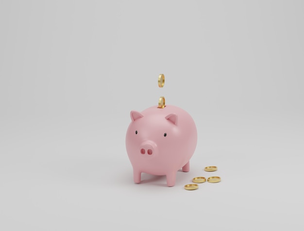 Salvadanaio rosa e monete d'oro su sfondo bianco. Risparmio di denaro concetto. Rendering 3D.
