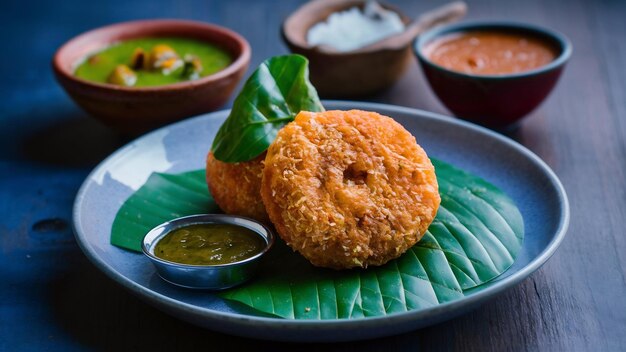 Sambar vada o medu vada un popolare cibo del sud dell'India servito con chutney verde rosso e cocco ov