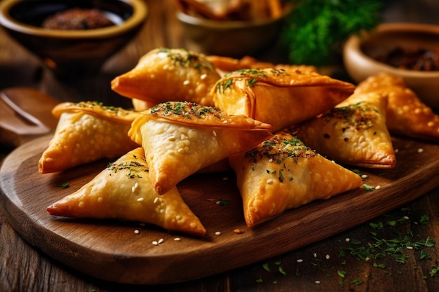 Samosa di carne appetitosi presentati su una superficie di legno rustica