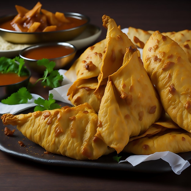 Samosa di pollo indiano con burro al tavolo del ristorante e pane all'aglio su sfondo tortino scuro